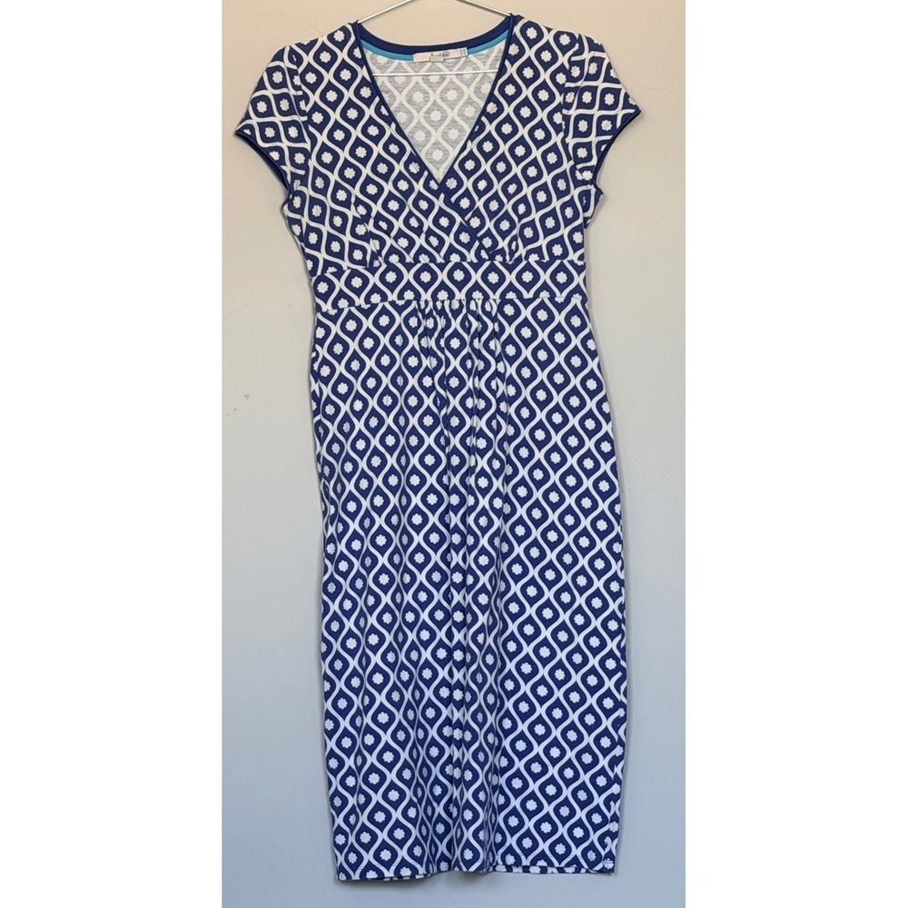 Boden Blue White Geometric Floral Jersey Faux Wrap Dress size 6 LONG